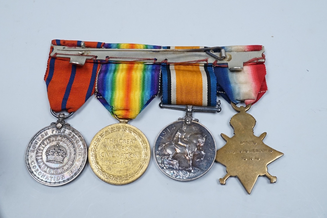 A First World War medal group awarded to 16507 GNR. W.H. Meadows. R.G.A., comprising the medal trio together with the London Fire Brigade 1911 Coronation Medal, plus a London County Council King’s Medal with a clasp for